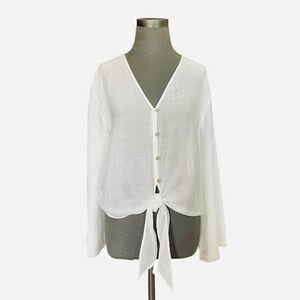 MNG Mango White Sheer Long Sleeve Knot Front Blouse Top Size 4